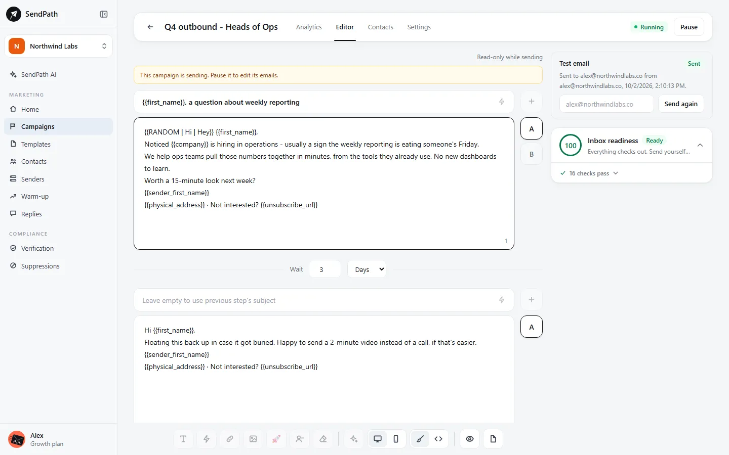 The campaign editor: step 1 with variants A and B, a 3-day wait, then a follow-up in the same thread.