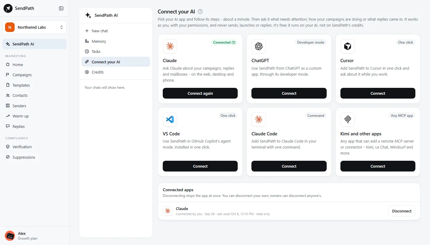 Connect your AI: a card for Claude, ChatGPT, Cursor, VS Code, Claude Code and other apps, and the connected apps below.