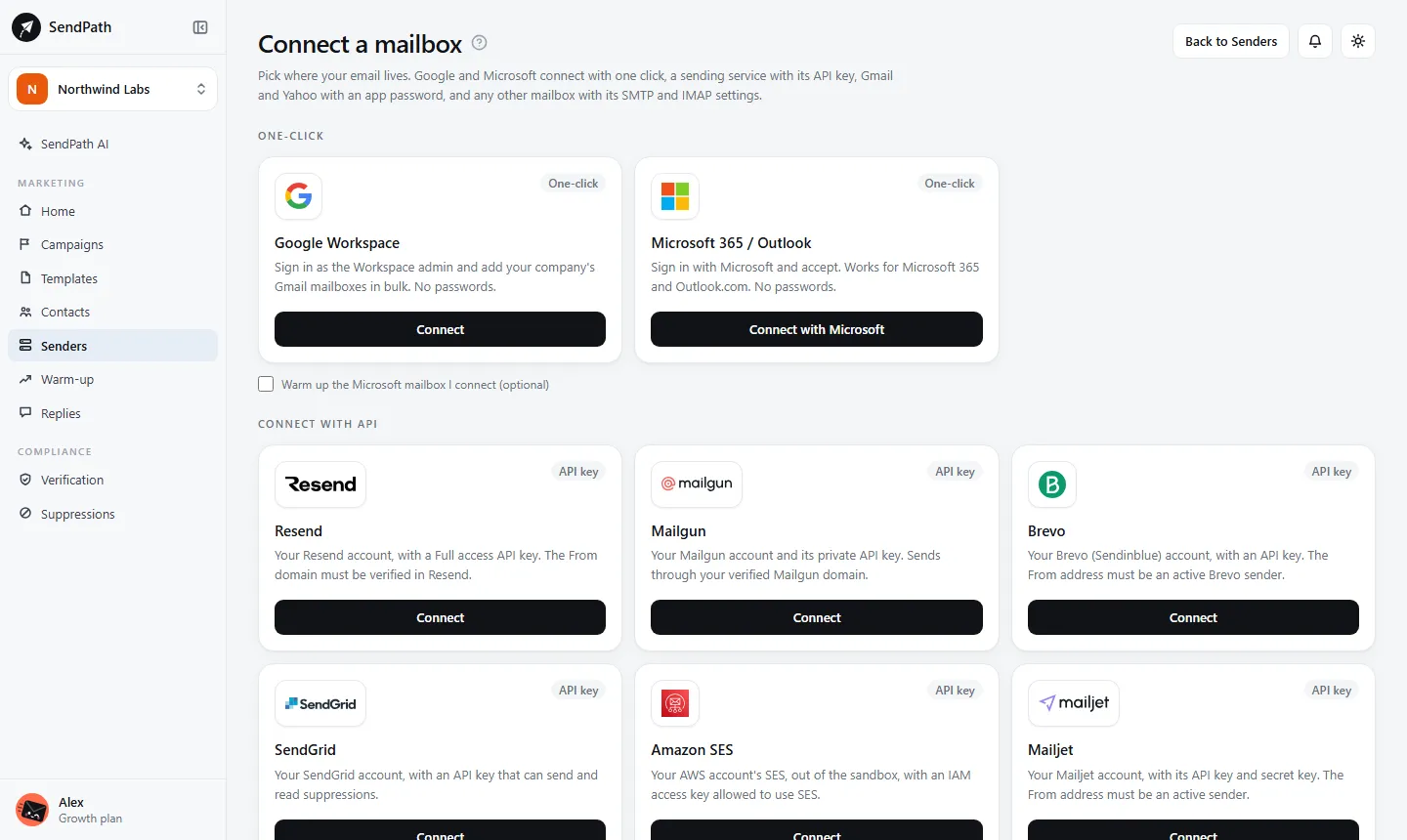 Connect a mailbox: one-click cards for Google Workspace and Microsoft 365, then sending services with an API key.