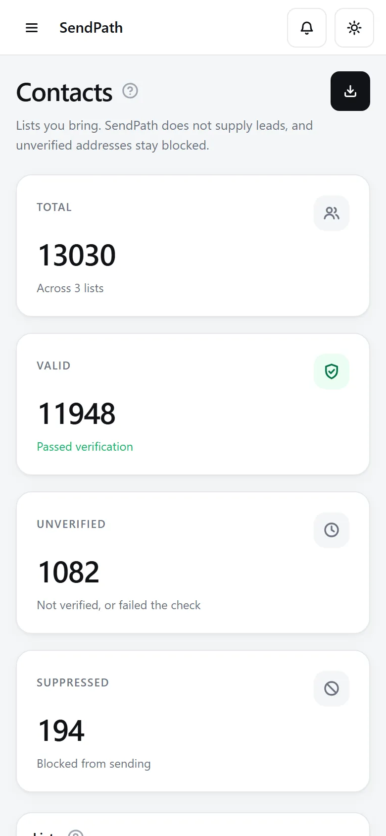 The Contacts page: totals, the lists with their menus, and Import list.
