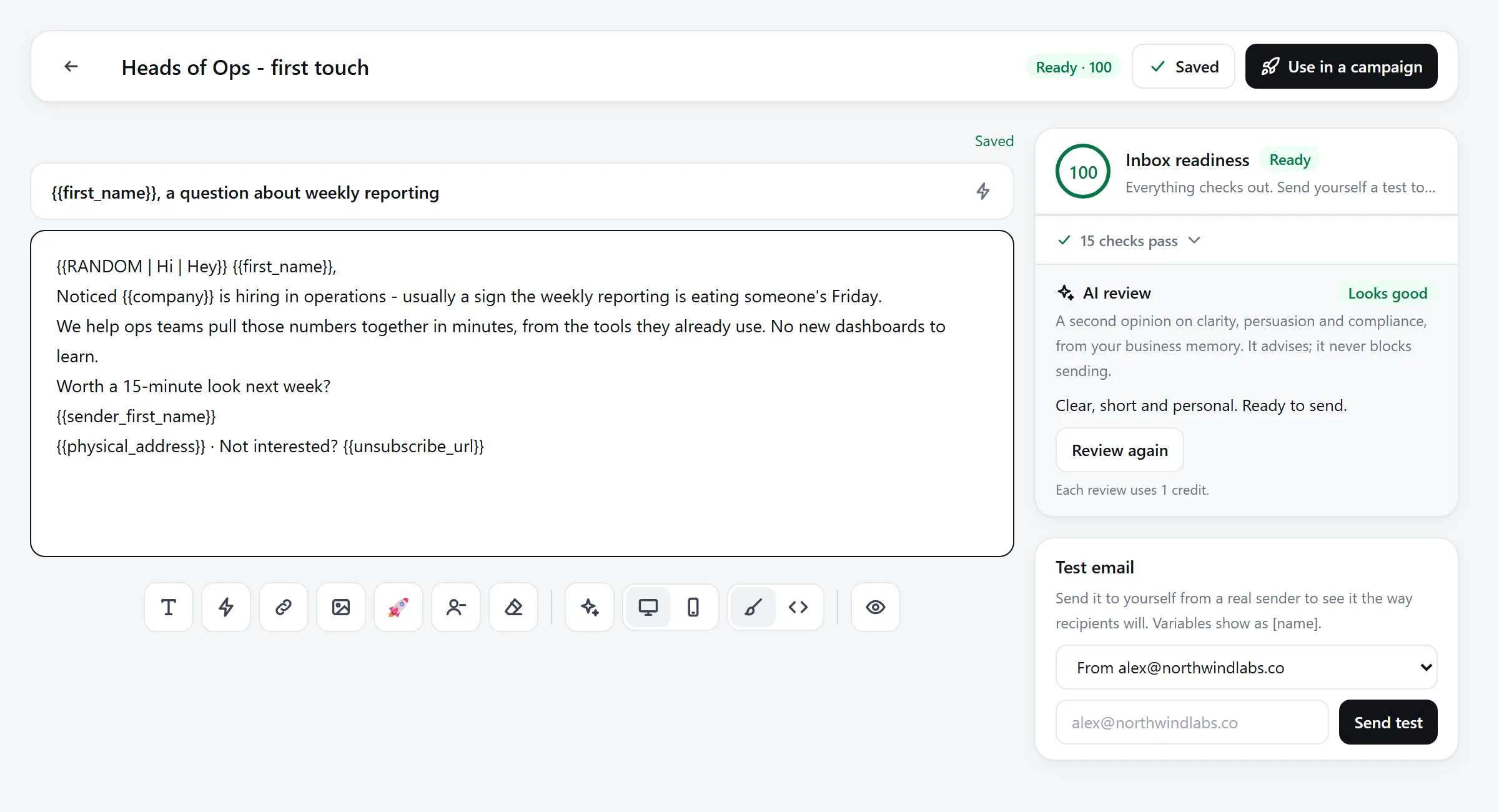 The email editor with an inbox readiness score of 100 and an AI review that says the email is ready to send.
