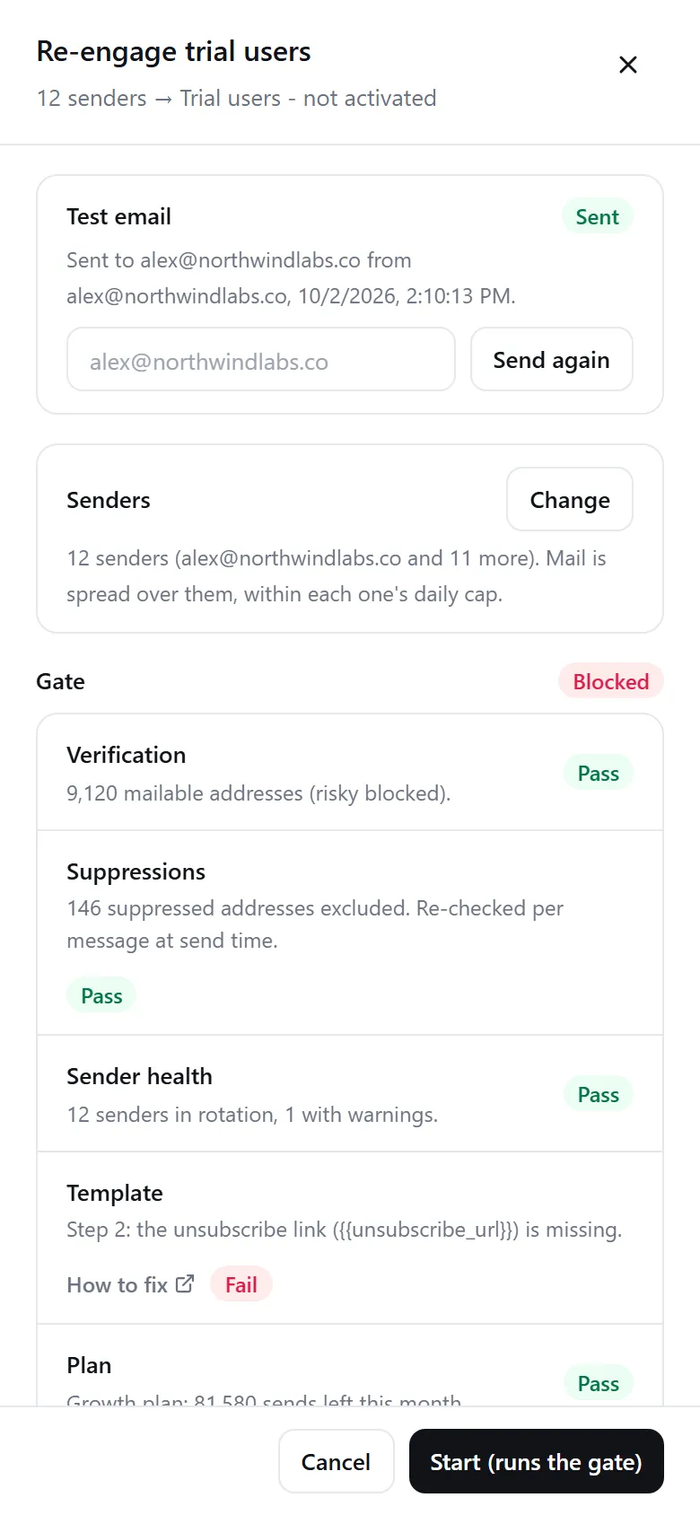 The Launch panel: the test email, the senders, and each check with Pass or Fail and the reason.