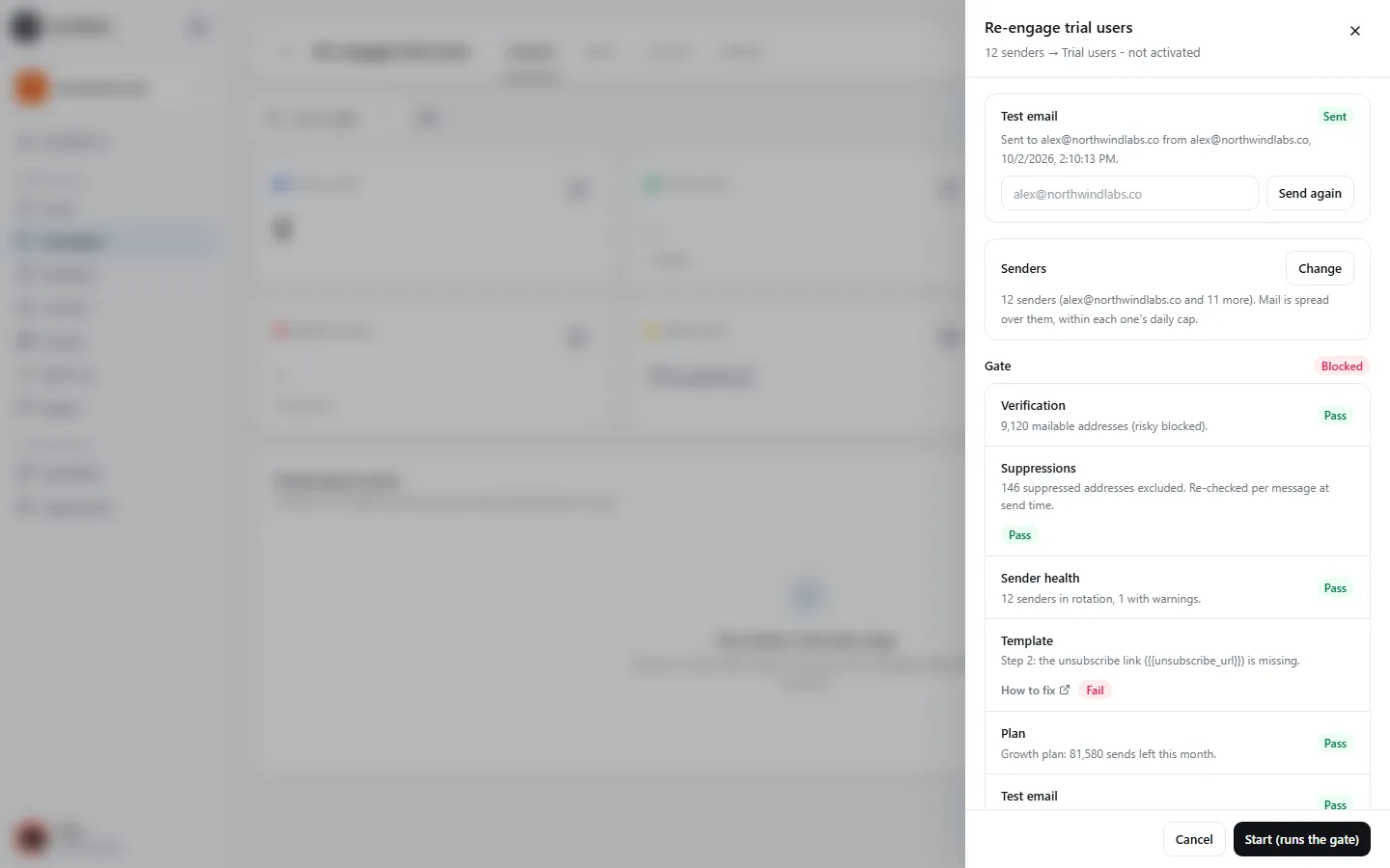 The Launch panel: the test email, the senders, and each check with Pass or Fail and the reason.