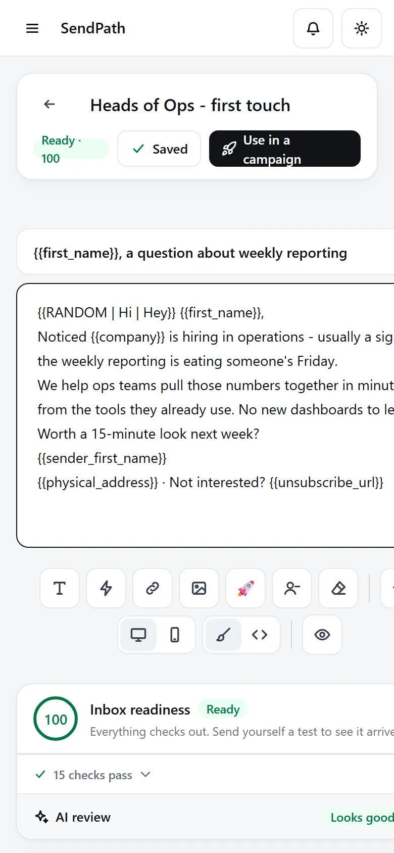 The template editor: subject, body with variables, and Inbox readiness, AI review and Test email beside it.