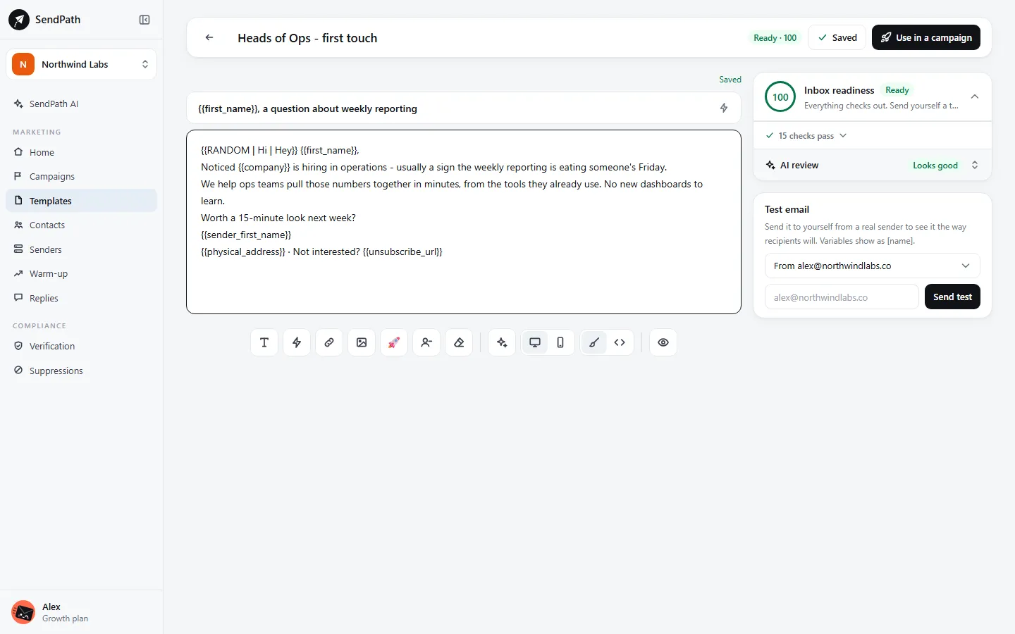 The template editor: subject, body with variables, and Inbox readiness, AI review and Test email beside it.